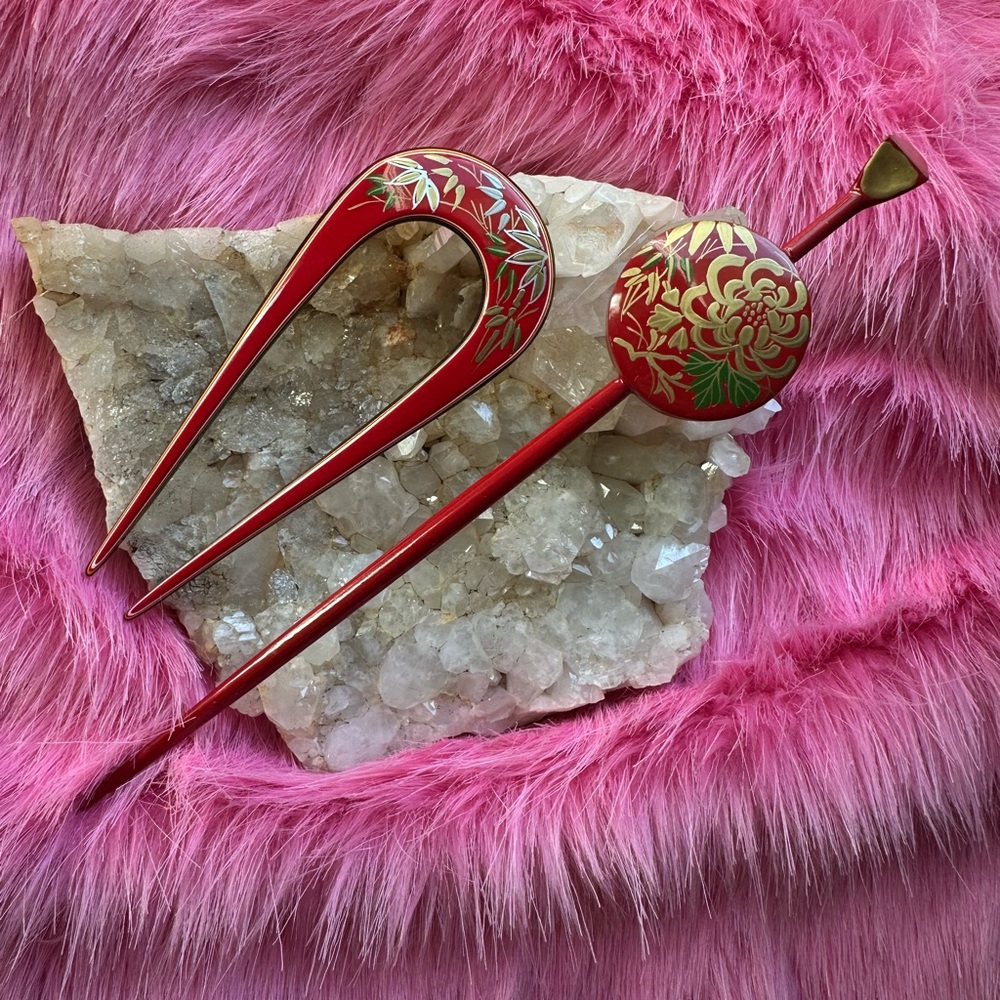 Pair vintage mid century painted hair accessories Japan